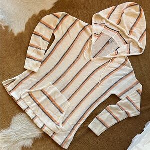 Sahalie Cream and Orange Light-weight Striped Hooded Sweater
